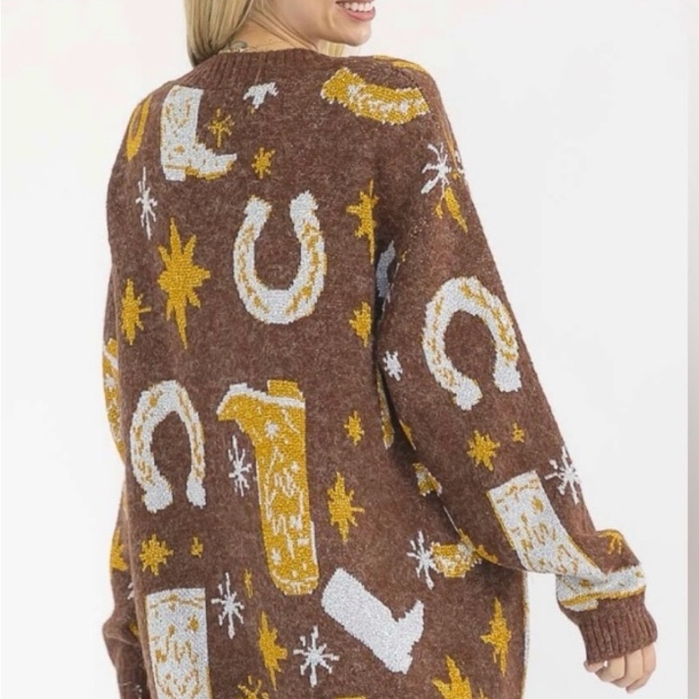 Cozy Brown Cardigan with Yellow and White Patterns - Picture 3 of 3